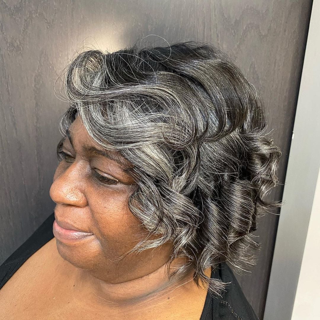 Chin Length Bob With Defined Curls — Gray Blending