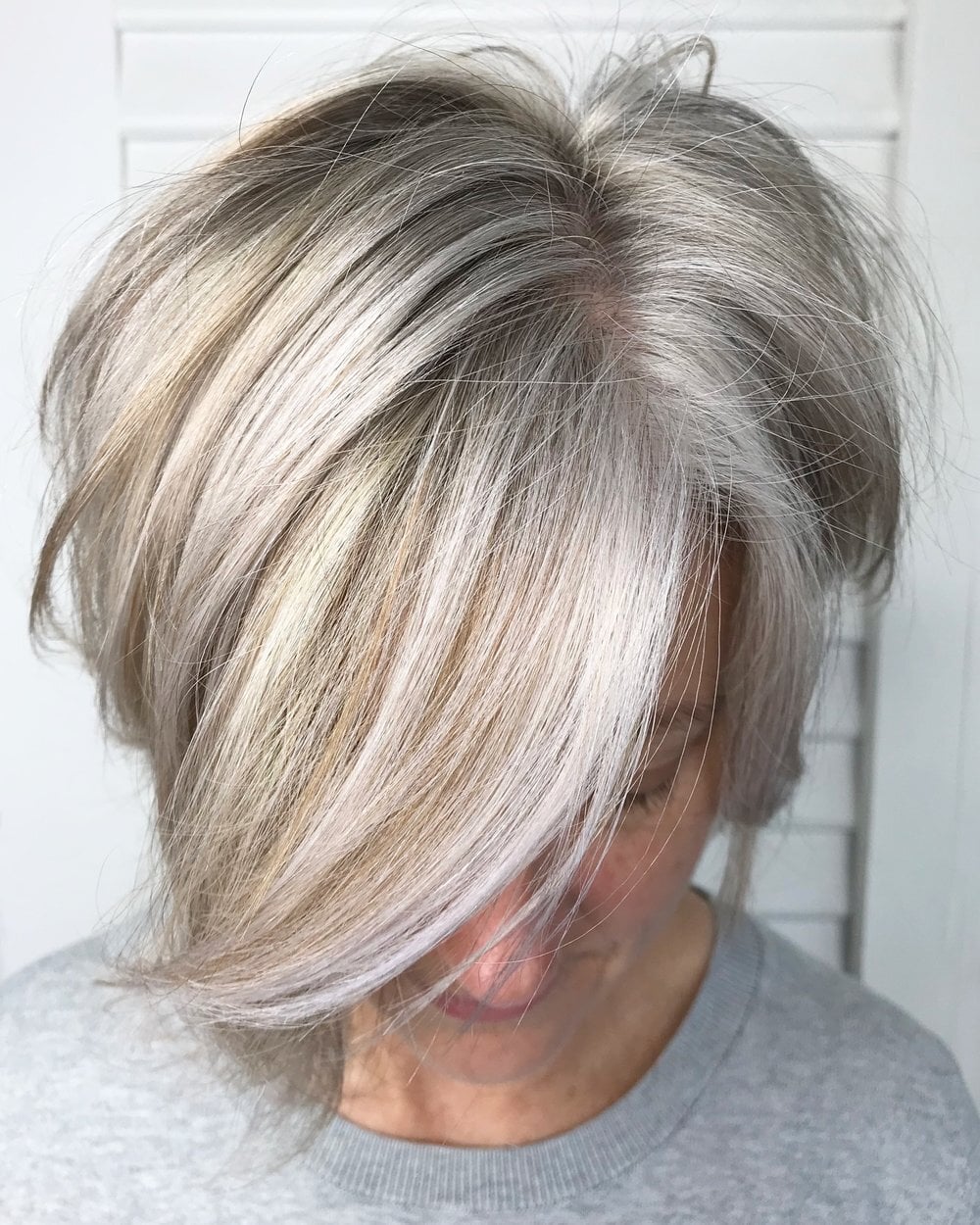 Textured Ear Length Bob With Fringe — Gray Blending