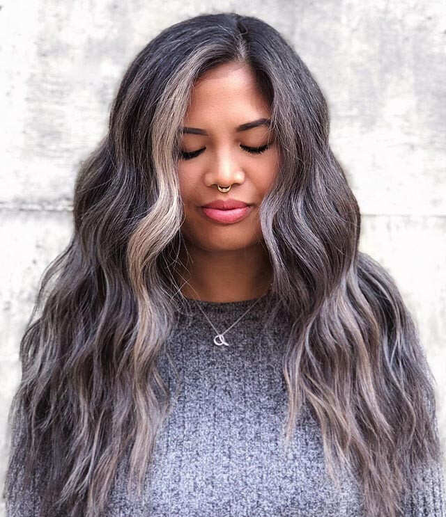 Mid-Back Dark Brown With Silver Highlights — Gray Blending
