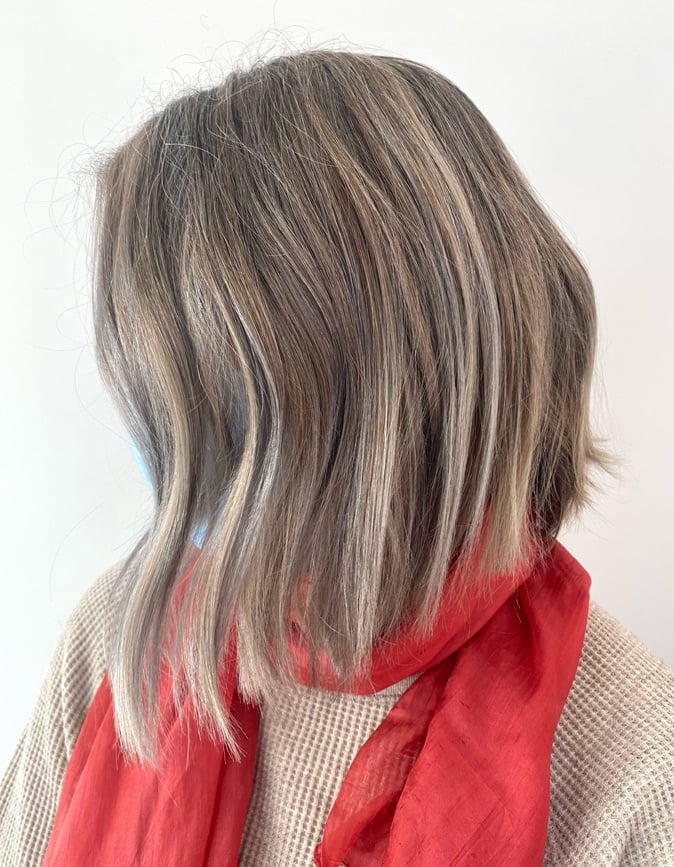 Collarbone Bob With Blended Gray and Ash Blonde — Gray Blending Hair