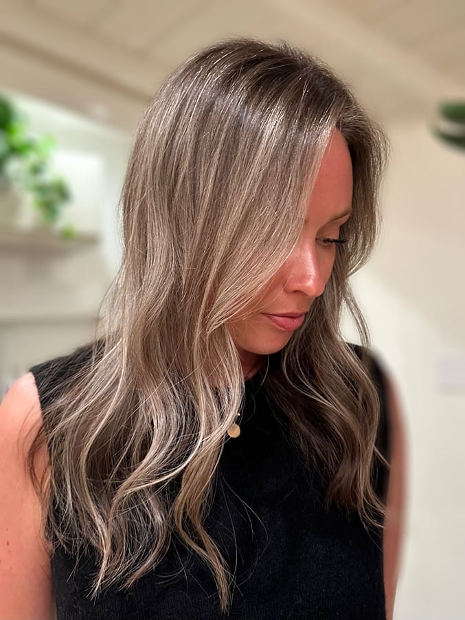 Mid-Back Layers With Soft Waves and Ash Gray Blend, Wavy — Gray Blending Hair