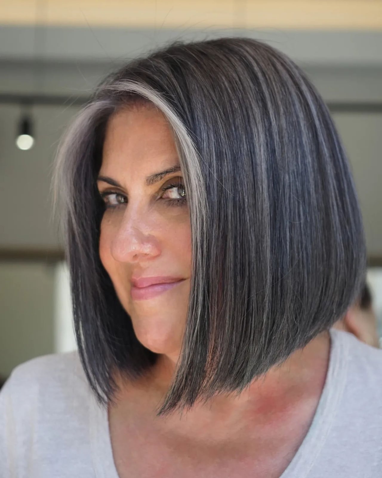 Mid-Back Layers With Dark Brown and Gray Blend, Office-Safe Version — Gray Blending Hair