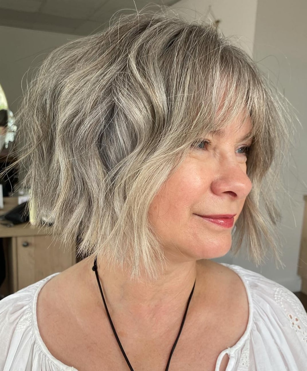Ear Length Bob With Blunt Bangs and Gray Blend — Gray Blending Hair