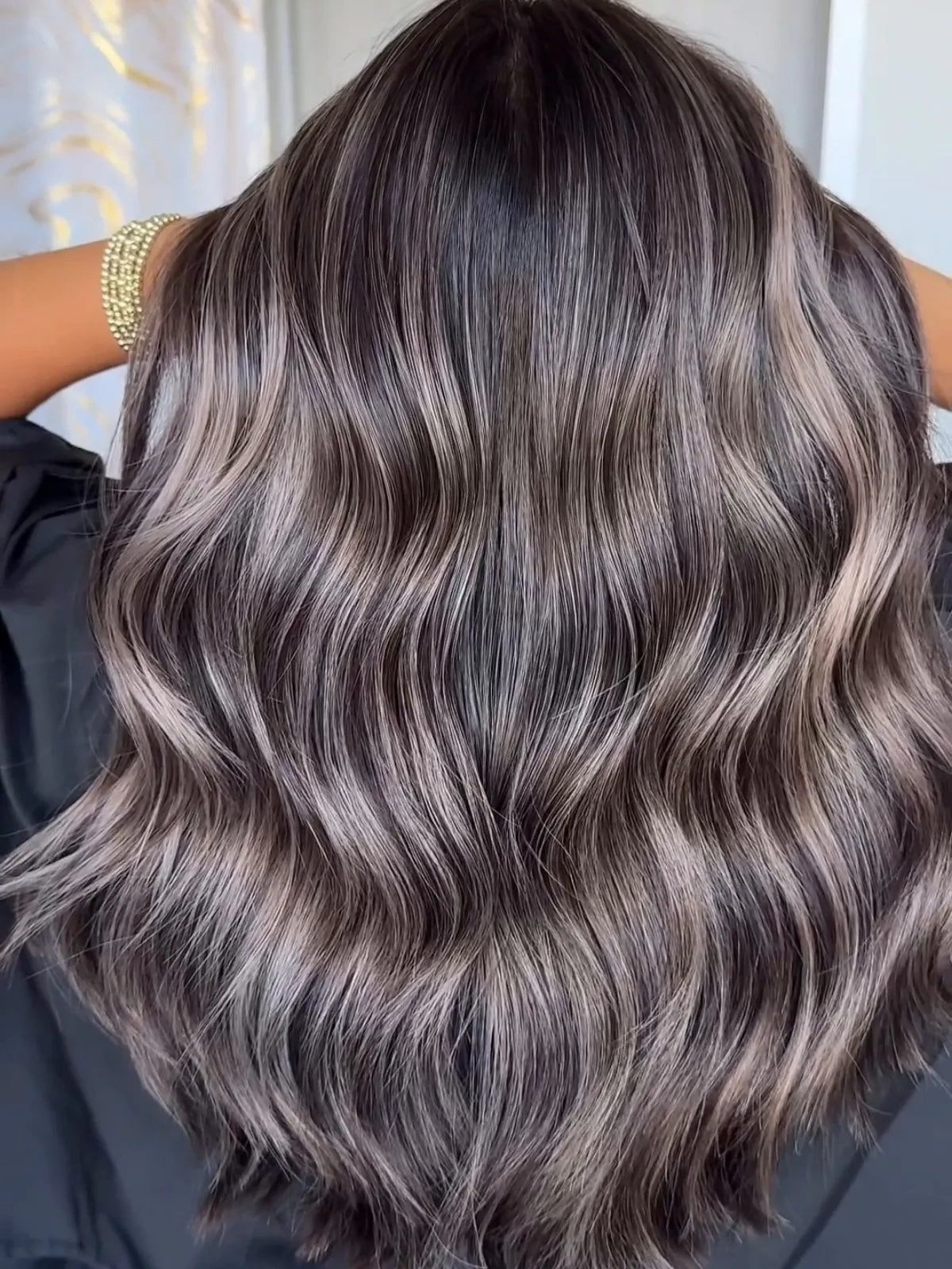 Wavy Collarbone Length Layers With Gray Blend — Gray Blending Hair Dark Brown