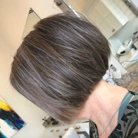 Sharp Ear Length Bob With Gray Blend — Gray Blending Hair Dark Brown