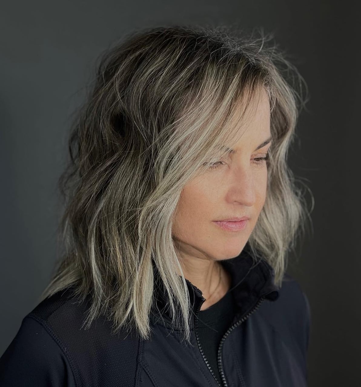 Shoulder Length Layers With Gray Blending — Gray Blending Hair Dark Brown