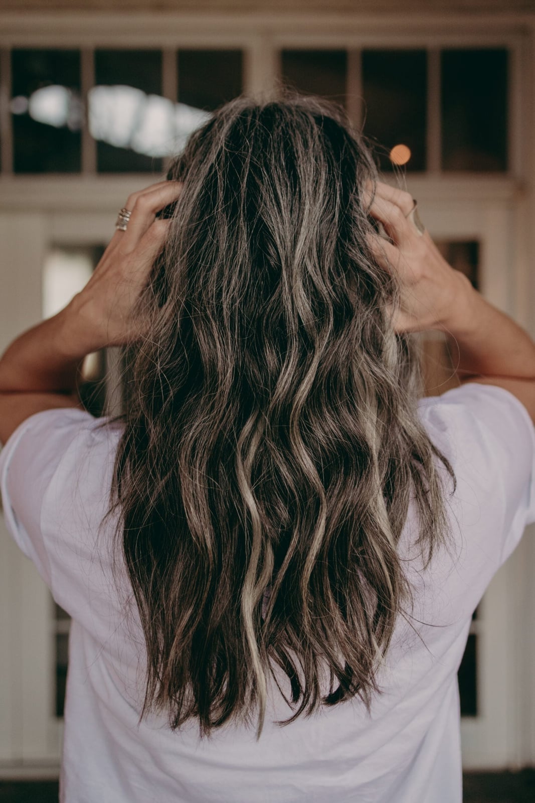 Mid-Back Air Dried Waves With Gray Blend — Gray Blending Hair Dark Brown