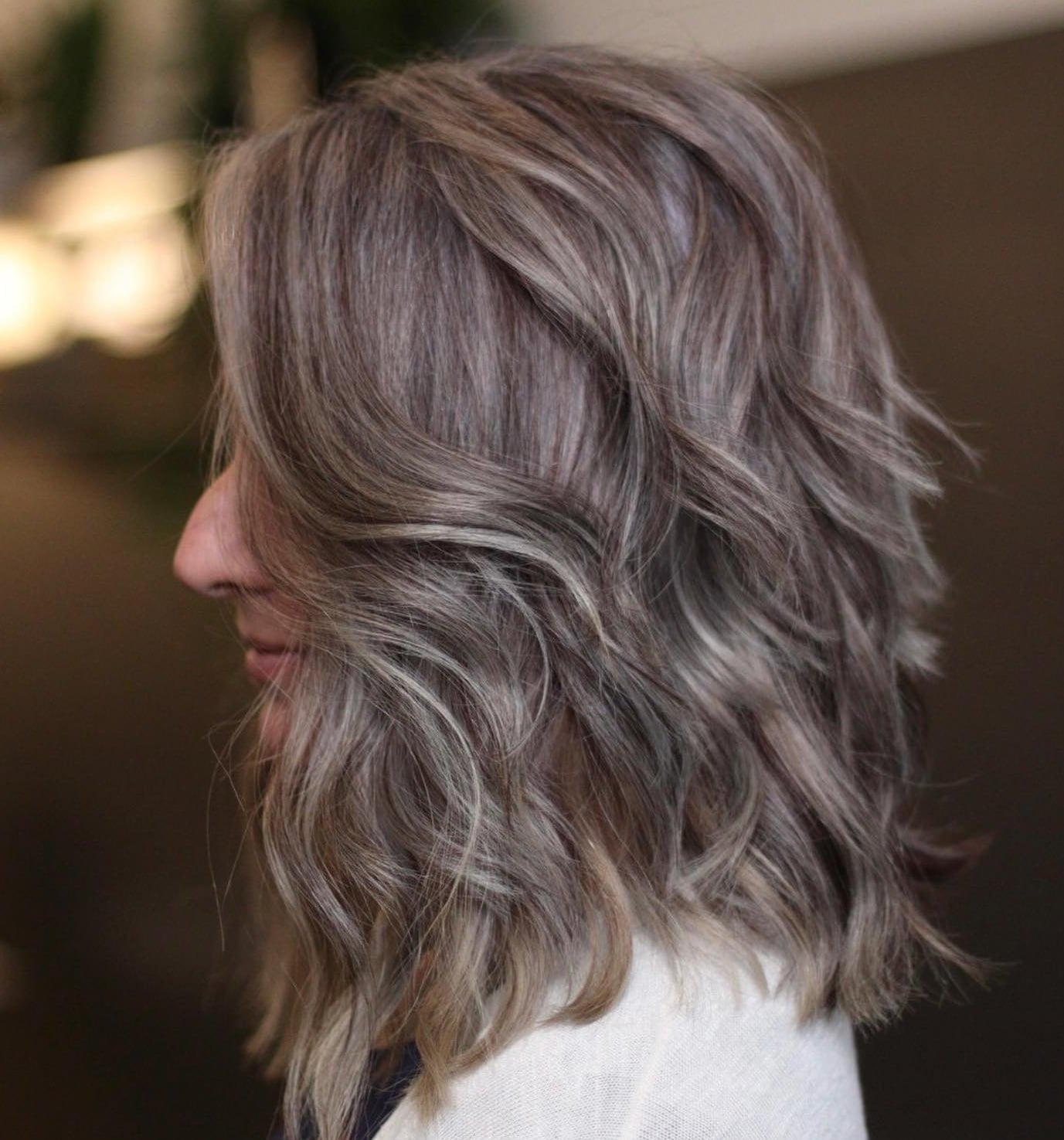 Collarbone Layers With Cool Gray Blend — Gray Blending Hair Dark Brown