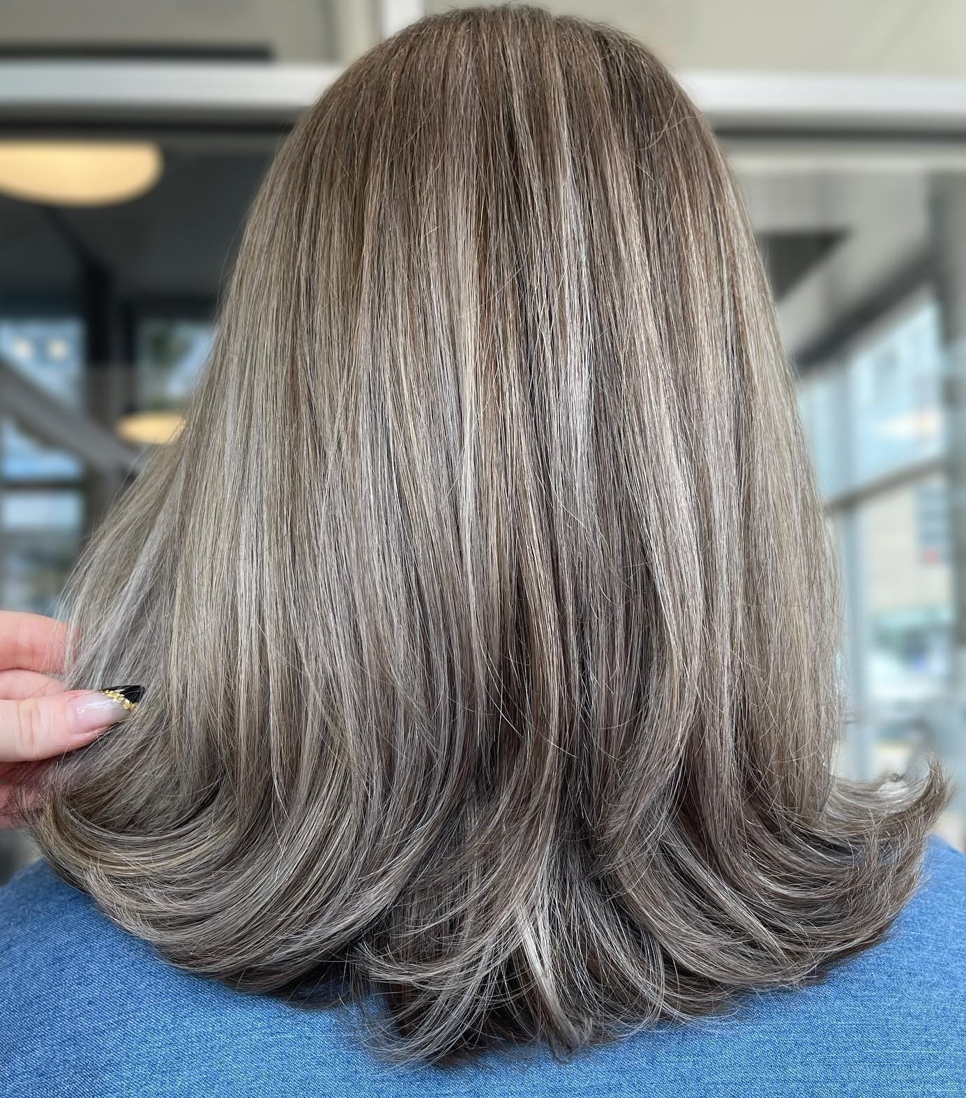 Collarbone Lob With Straight Gray Blend — Gray Blending Hair Dark Brown