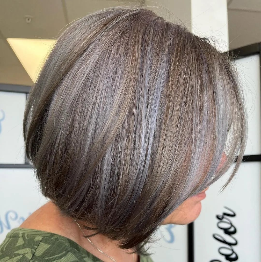 Shoulder Length Layers With Contrast Highlights — Gray Blending Hair Dark Brown