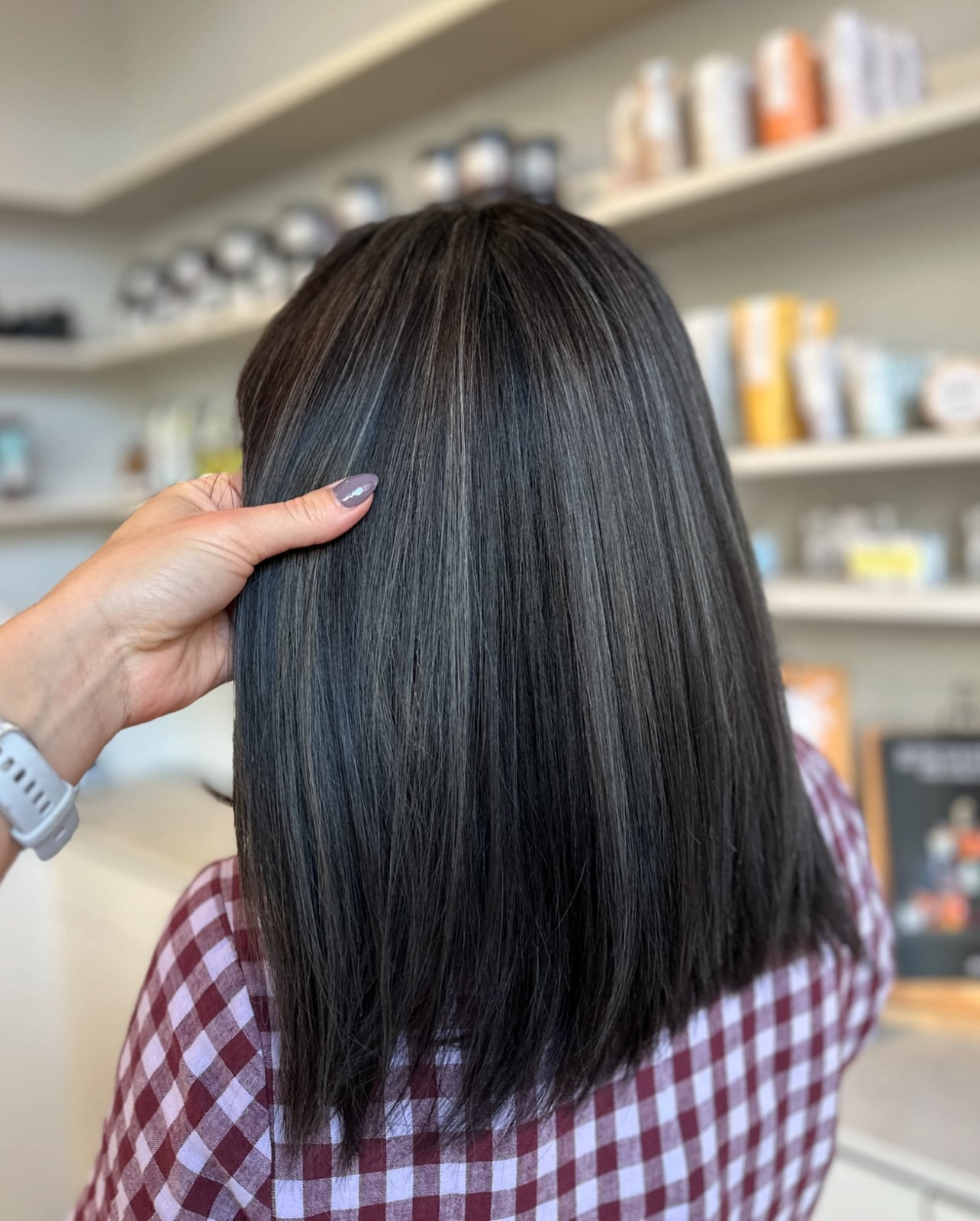 Mid-Back Layers With Gray Cool Blonde Blend — Gray Blending Hair Dark Brown