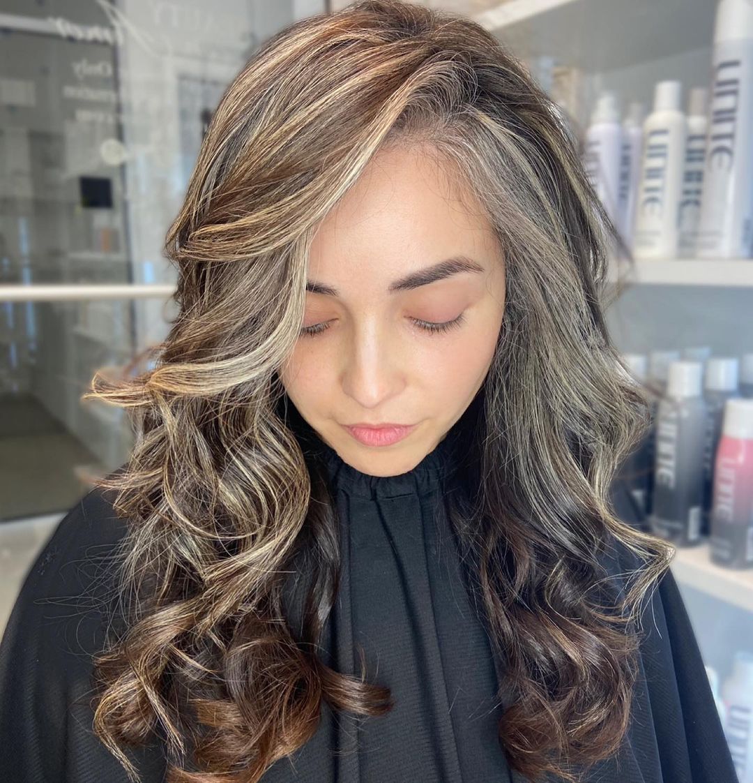 Mid-Back Layers With Flowing Gray Blend — Gray Blending Hair Dark Brown
