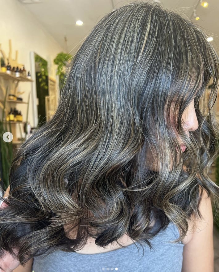 Mid-Back Straight Hair With Seamless Gray Integration — Gray Blending Hair Dark Brown