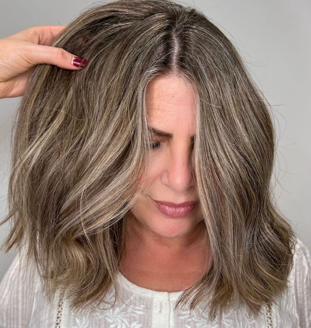 Collarbone Layers With Side Swept Bangs — Gray Blending Hair Dark Brown