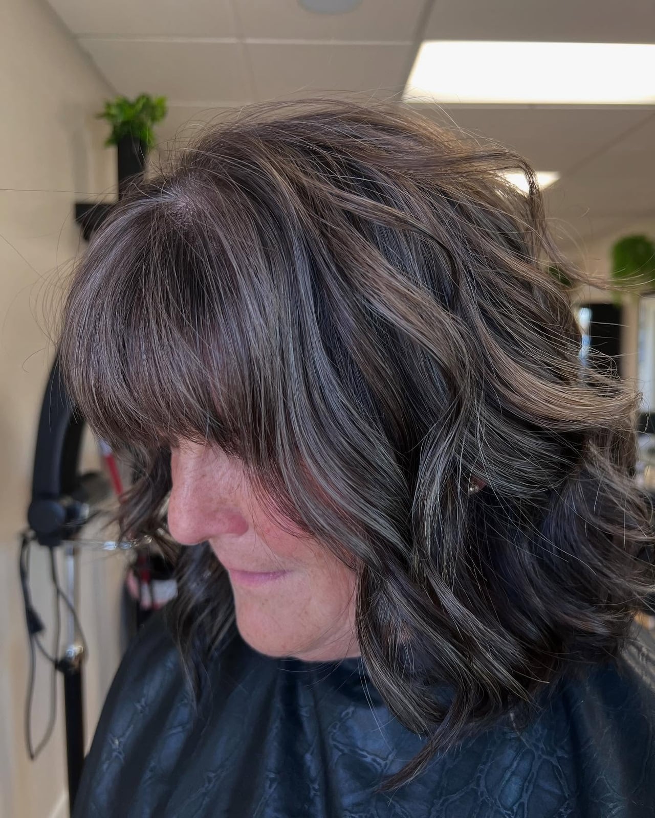 Shoulder Length Shag With Full Bangs — Gray Blending Hair Dark Brown