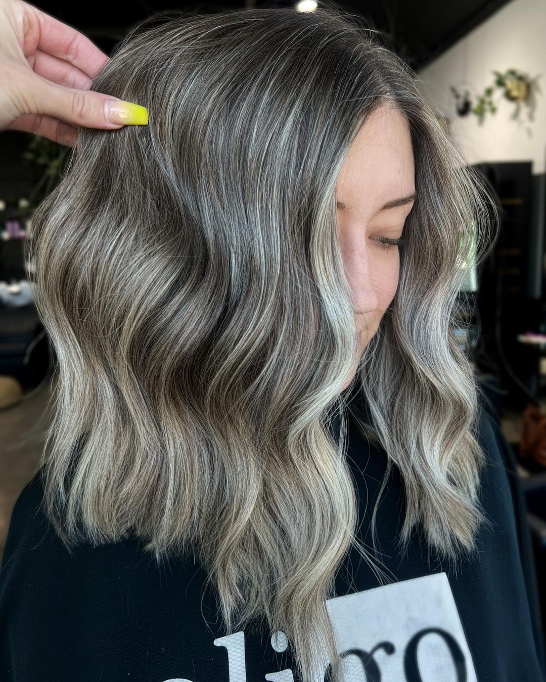 Sleek Chin Length Bob With Gray Blend — Gray Blending Hair Dark Brown