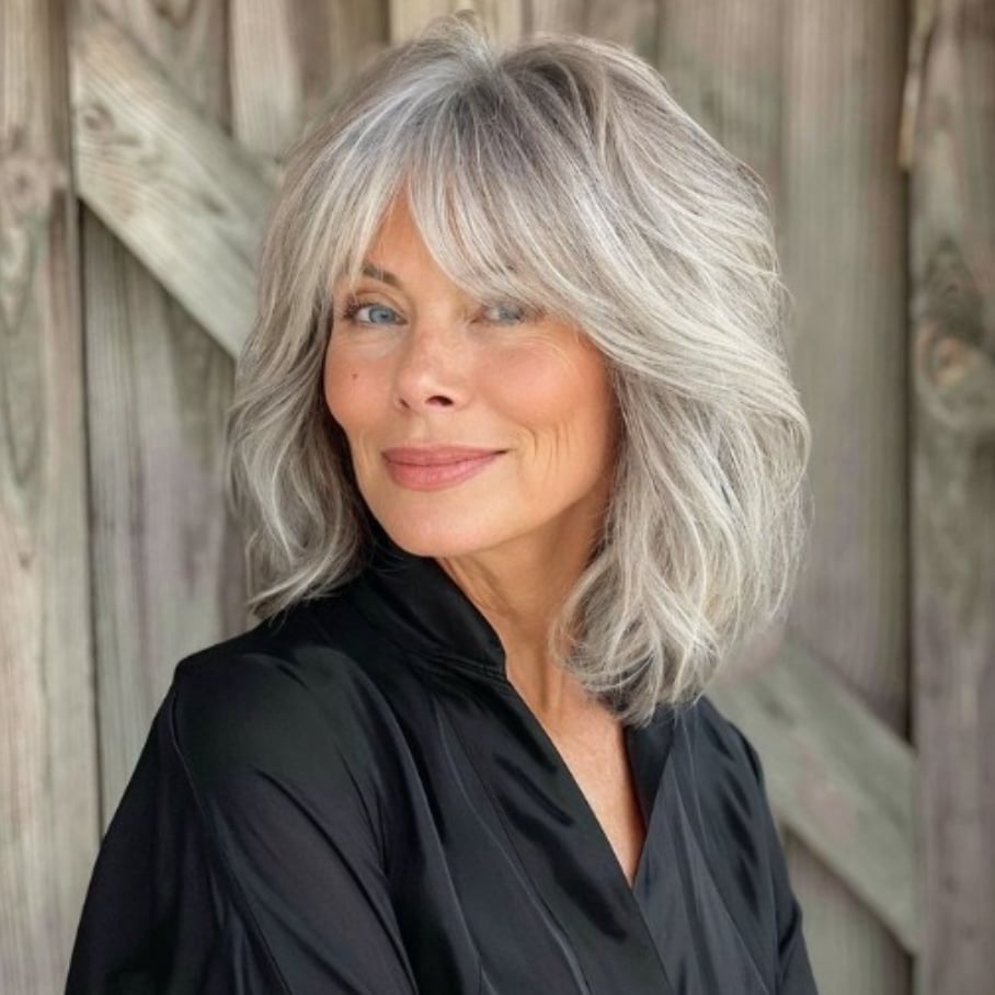 Collarbone Shag With Curtain Bangs Collarbone Shag With Curtain Bangs — Gray Hair
