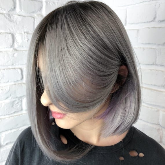 Asymmetrical Bob With Purple Undertones Asymmetrical Bob With Purple Undertones — Gray Hair