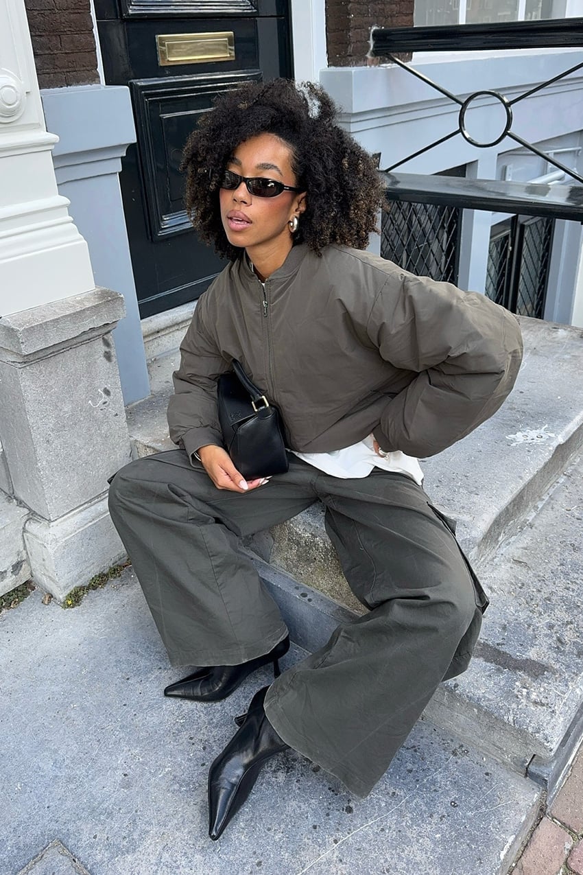 Olive Green Wide Leg Cargo Pants with Bomber Jacket and Smooth Nylon — Green Cargo Pants Outfit
