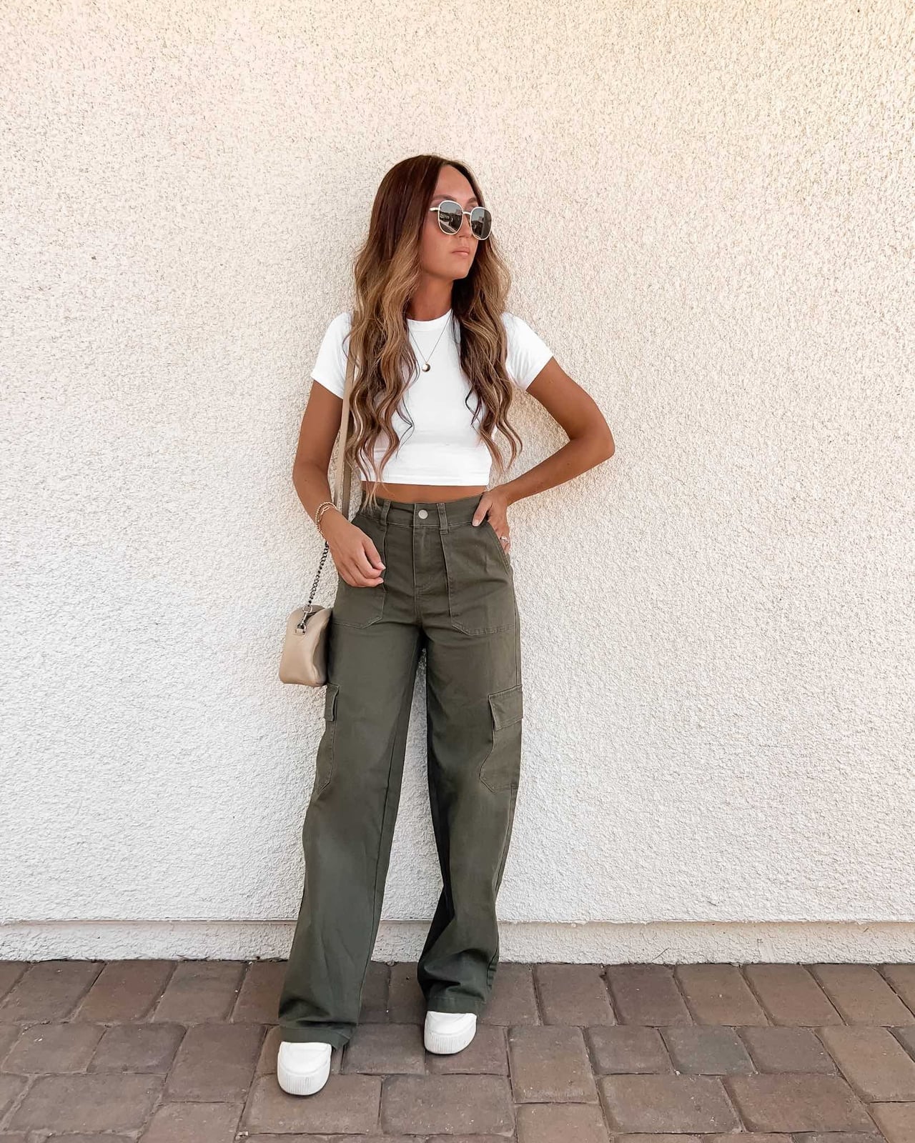 Olive Green Wide Leg Cargo Pants with White Crop Top — Green Cargo Pants Outfit