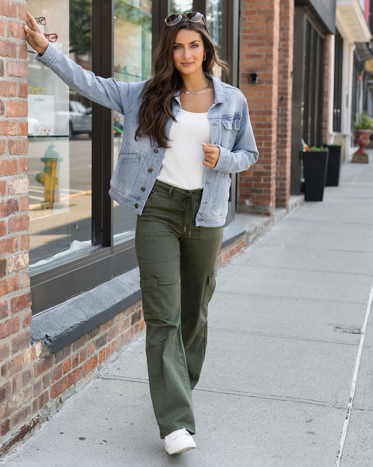 Olive Green Flared Cargo Pants with Denim Jacket — Green Cargo Pants Outfit