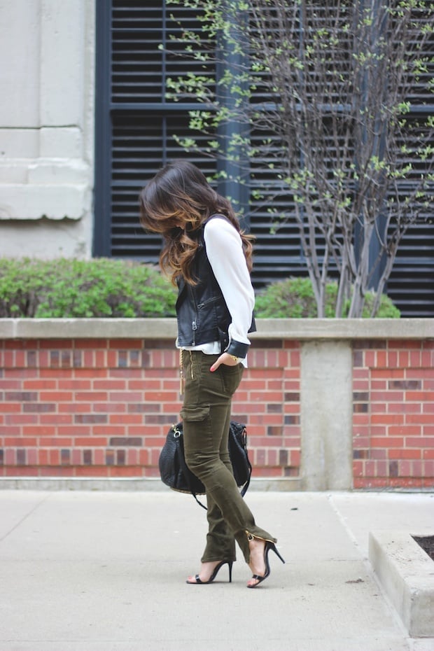 Olive Green Cargo Pants with Black Leather Vest — Green Cargo Pants Outfit