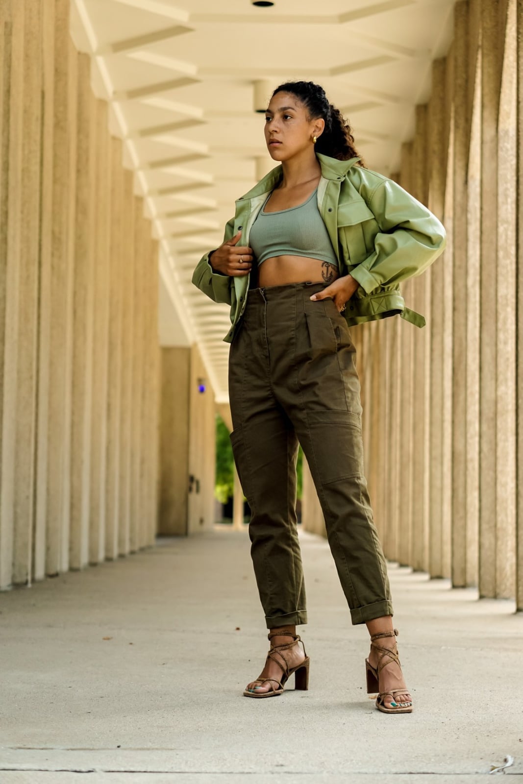 Olive Green Cargo Pants with Matching Cropped Jacket, High-Waisted — Green Cargo Pants Outfit