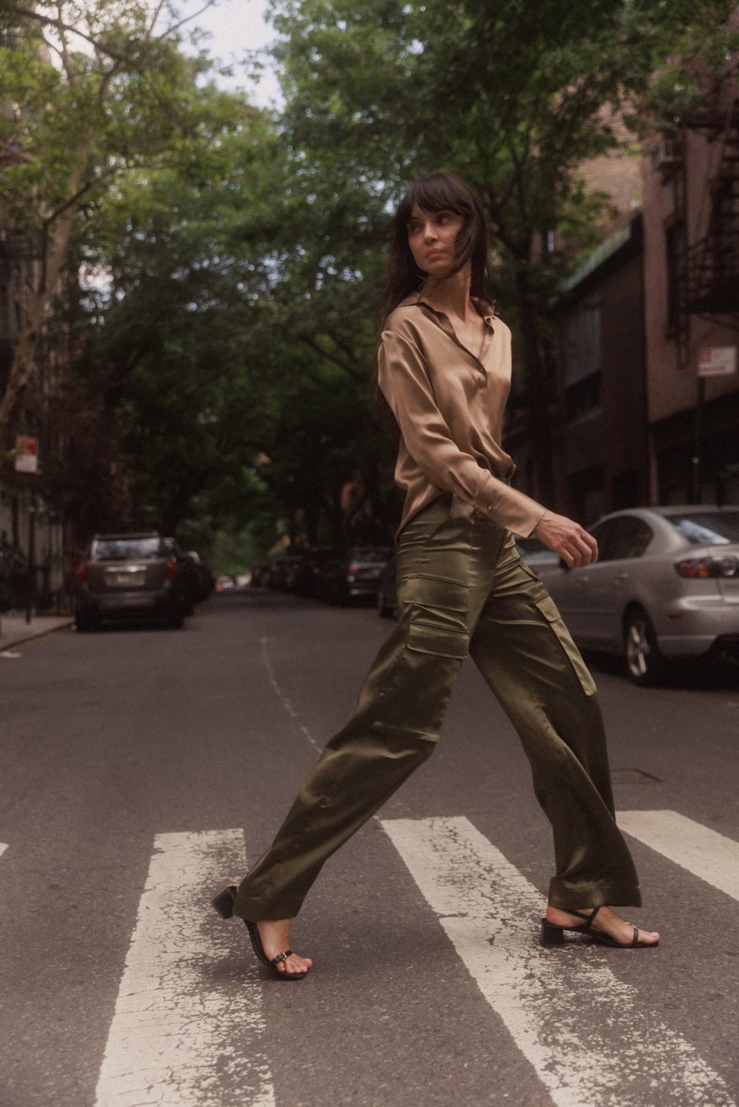 Satin Olive Green Wide Leg Cargo Pants with Satin Shirt — Green Cargo Pants Outfit