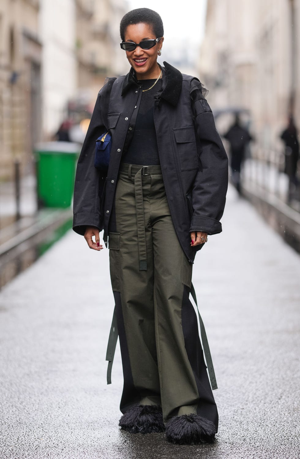Olive Green Wide Leg Cargo Pants with a Black Jacket — Green Cargo Pants Outfit