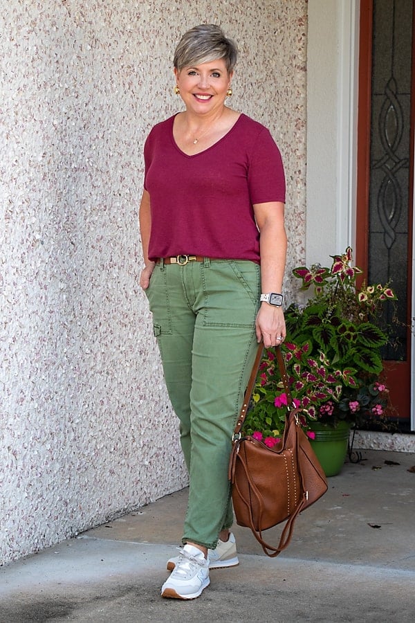 Green Cargo Pants with Striped T-Shirt and Cardigan and Straight Leg — Green Cargo Pants Outfit