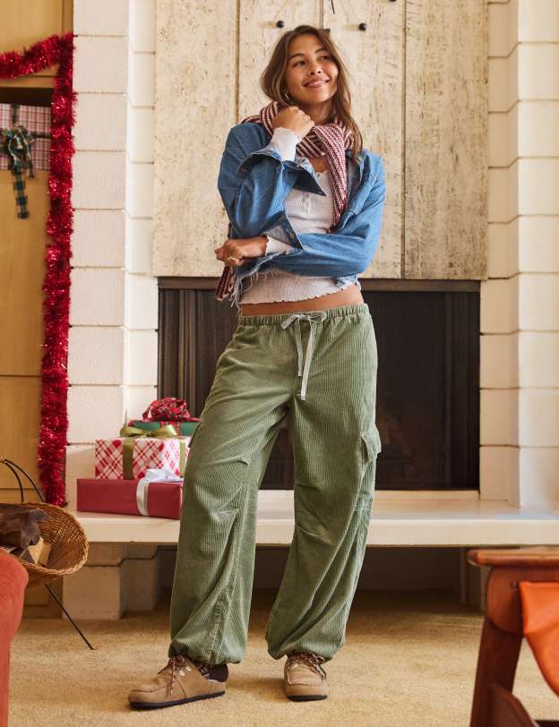 Wide Leg Green Corduroy Cargo Pants with Denim Jacket, Close-Up Take — Green Cargo Pants Outfit