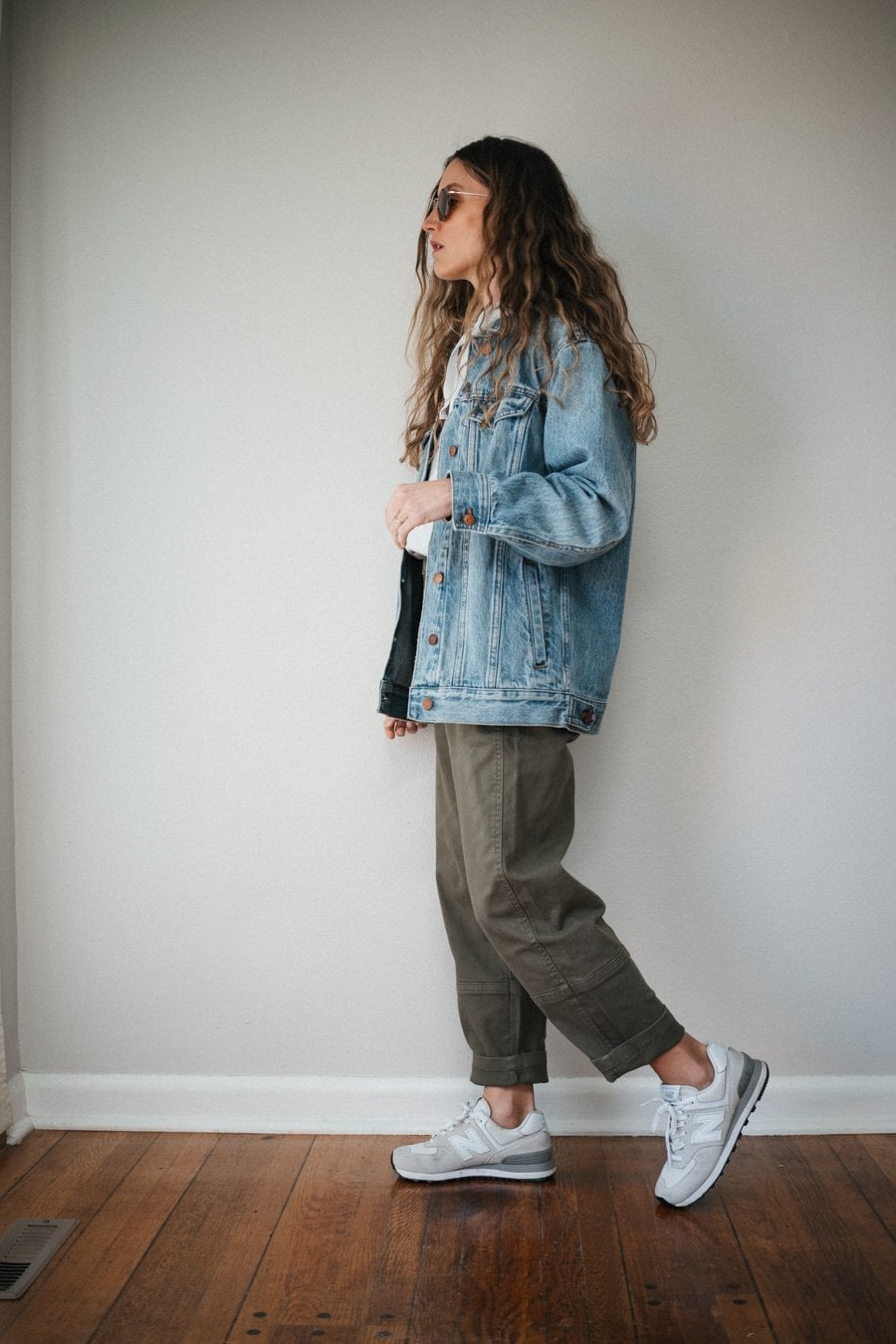 Olive Green Cargo Pants with Oversized Denim Jacket, Sunglasses — Green Cargo Pants Outfit