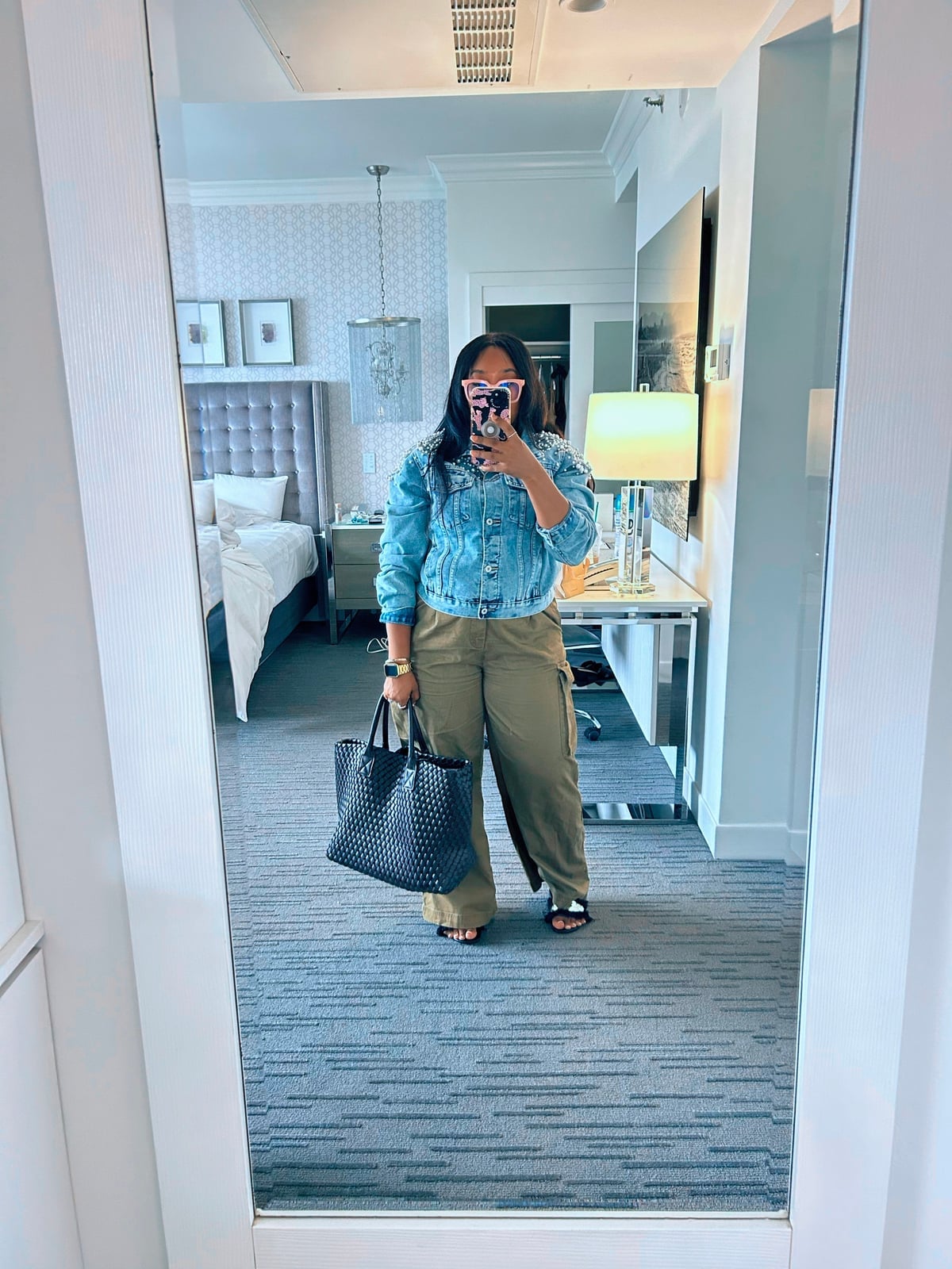 Olive Green Wide Leg Cargo Pants with Embellished Denim Jacket — Green Cargo Pants Outfit