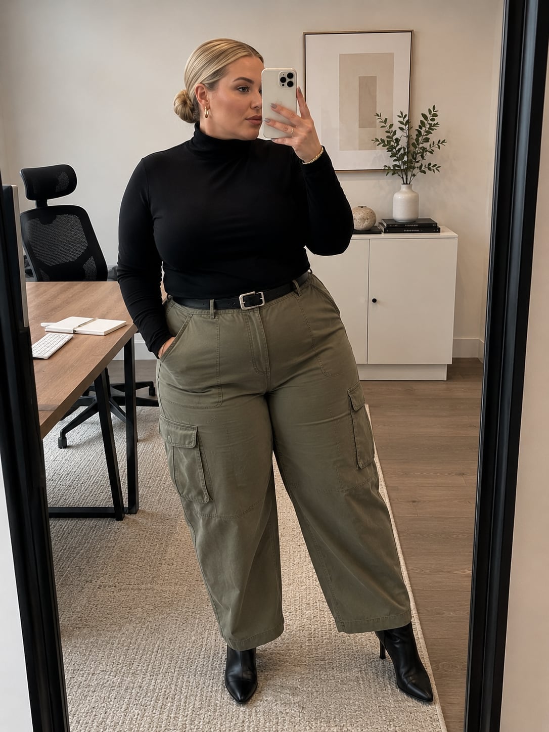Olive Green Wide Leg Cargo Pants with Black Turtleneck, Close-Up Take — Green Cargo Pants Outfit