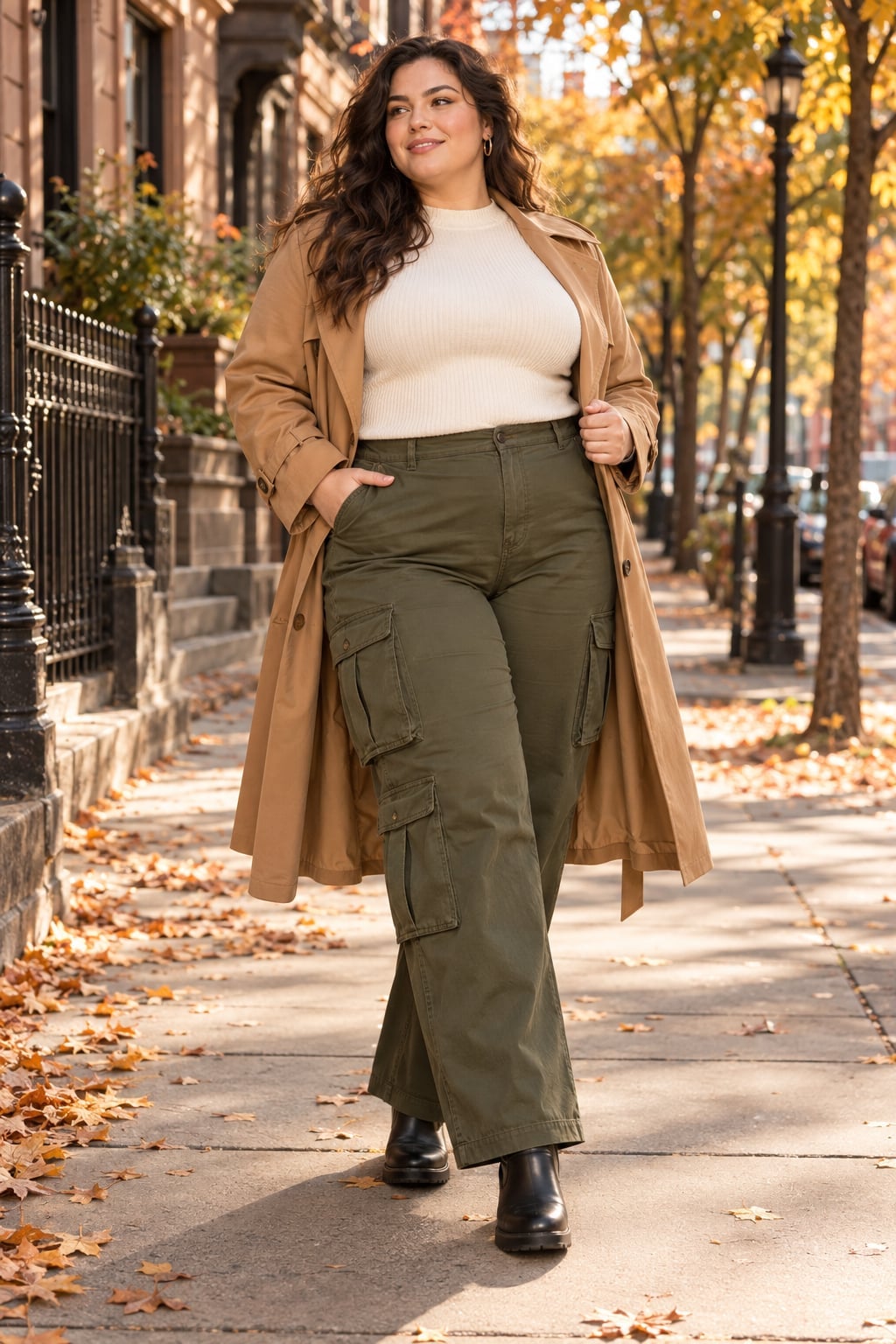Olive Green Wide Leg Cargo Pants with a Trench Coat — Green Cargo Pants Outfit