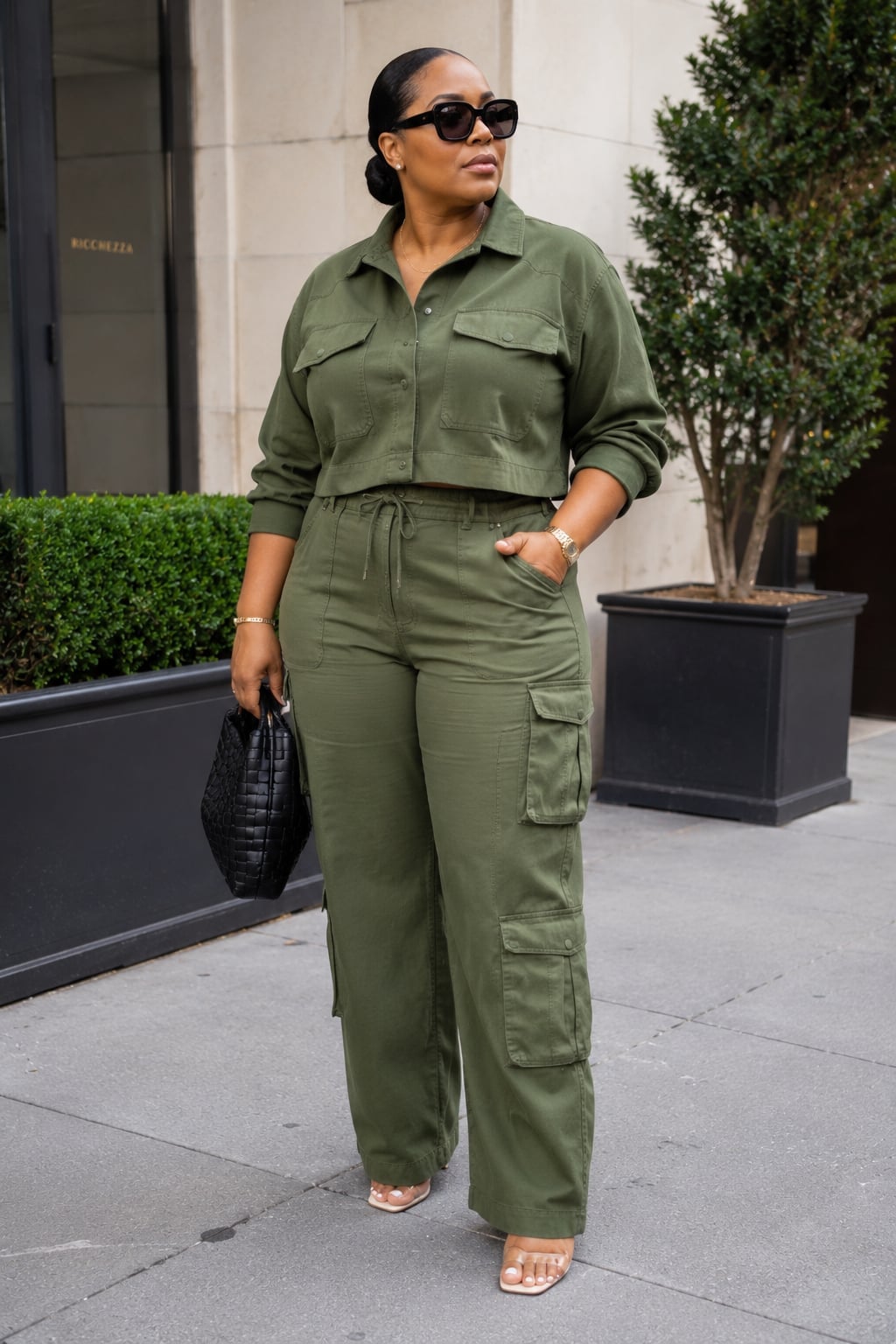 Matching Olive Green Set with Cropped Shirt — Green Cargo Pants Outfit