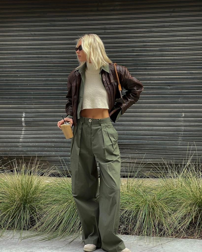 Olive Green Wide Leg Cargo Pants with Leather Jacket and Beige Loafers — Green Cargo Pants Outfit
