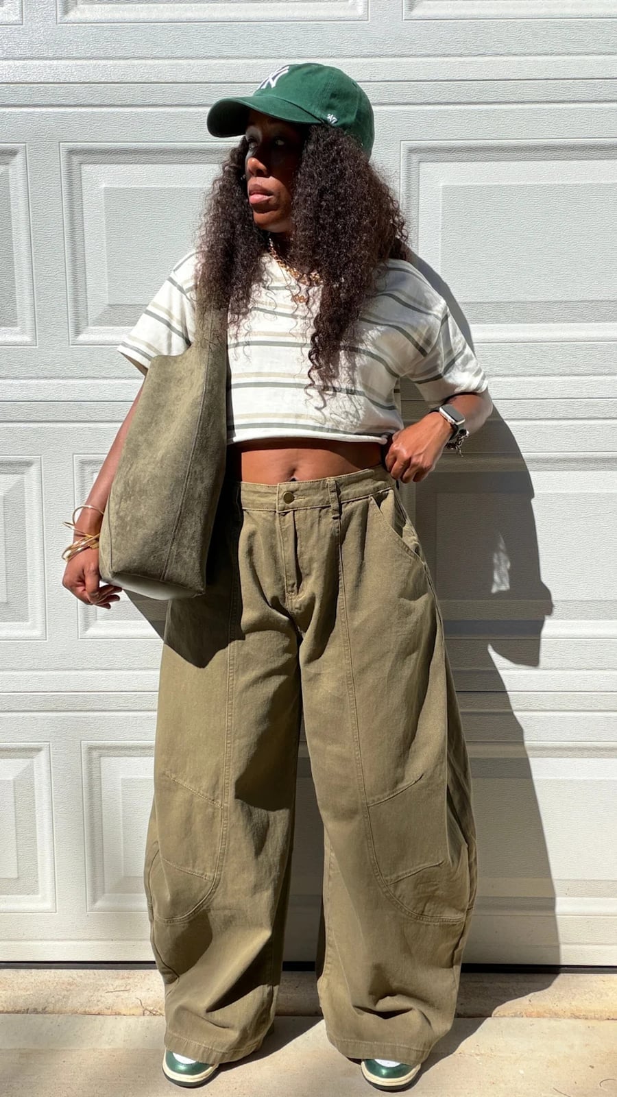 Oversized Olive Green Cargo Pants with Striped T-Shirt — Green Cargo Pants Outfit