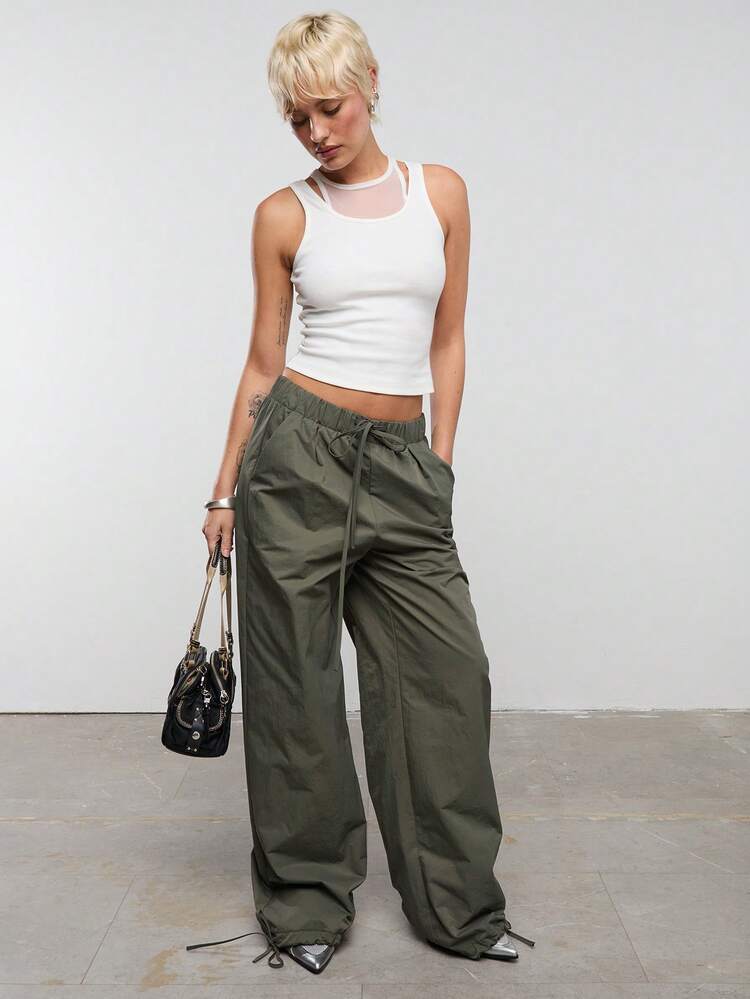 Baggy Olive Green Parachute Cargo Pants with Mesh Overlay — Green Cargo Pants Outfit