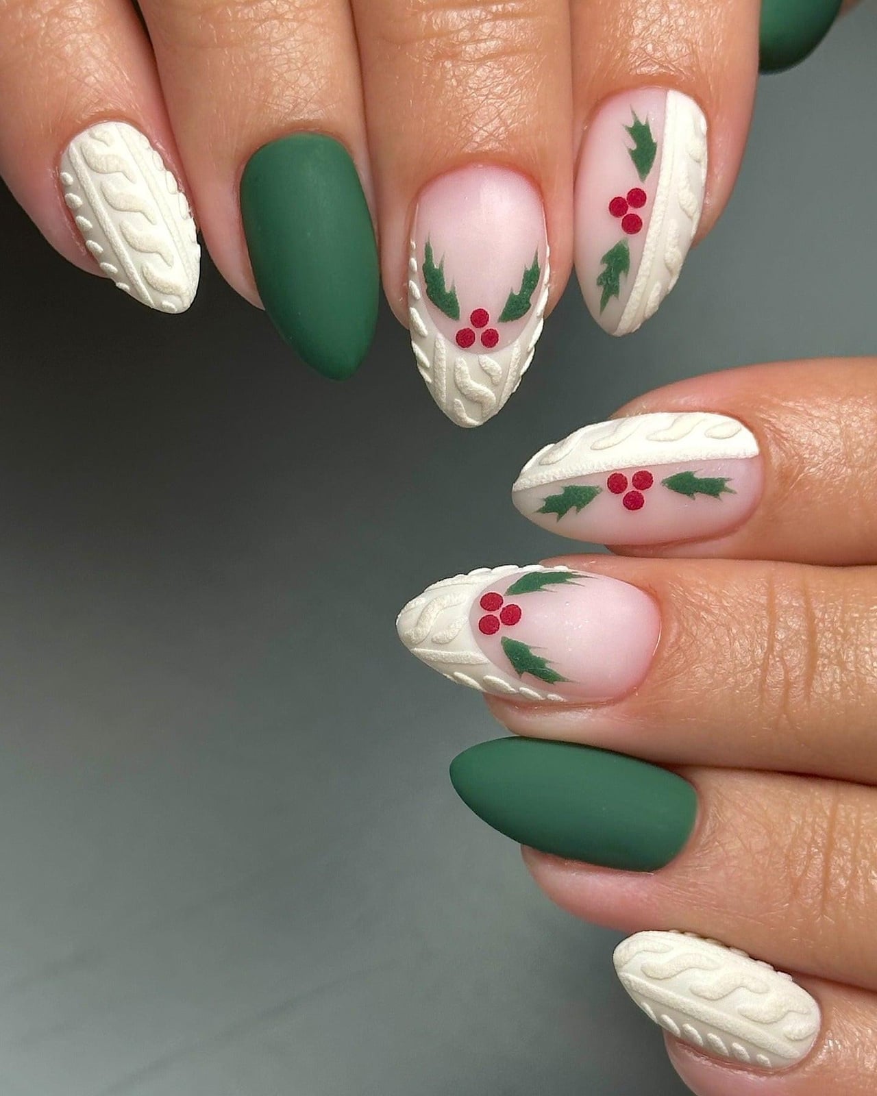 Matte Deep Green Cable Knit Holly Berry Medium Almond Nails — Green Christmas Nails