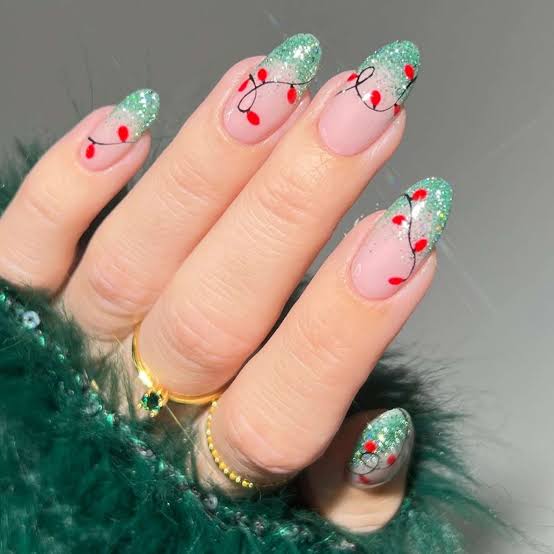 Pink Green Glitter Gradient Christmas Lights Medium Almond Nails — Green Christmas Nails