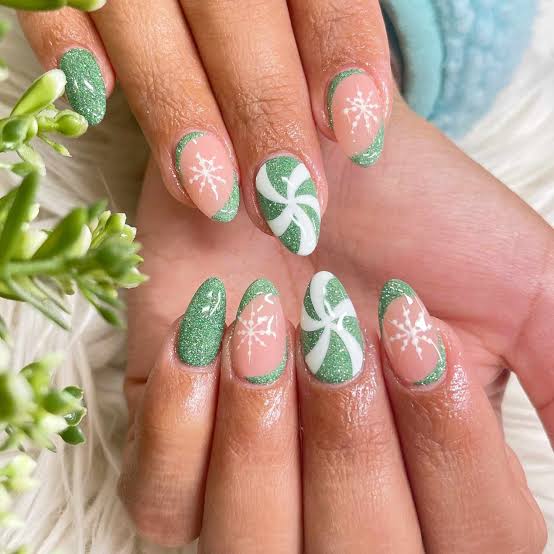 Pink Green Glitter Border Snowflake Swirl Medium Almond Nails — Green Christmas Nails