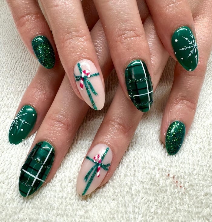 Nude Green Candy Cane Plaid Glitter Medium Almond Nails — Green Christmas Nails