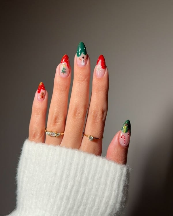 Green Red Nude Snowman and French Tip Medium Almond Nails — Green Christmas Nails