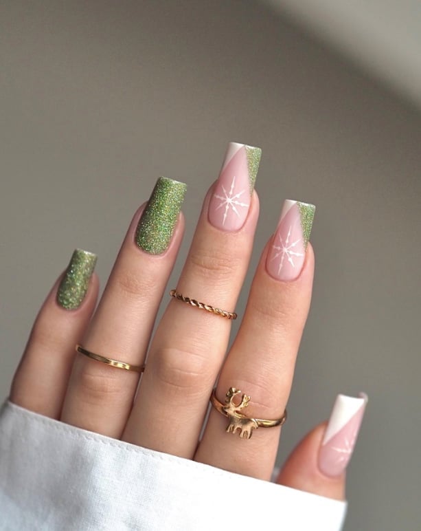 Glitter Green French Tip Snowflake Long Square Nails — Green Christmas Nails