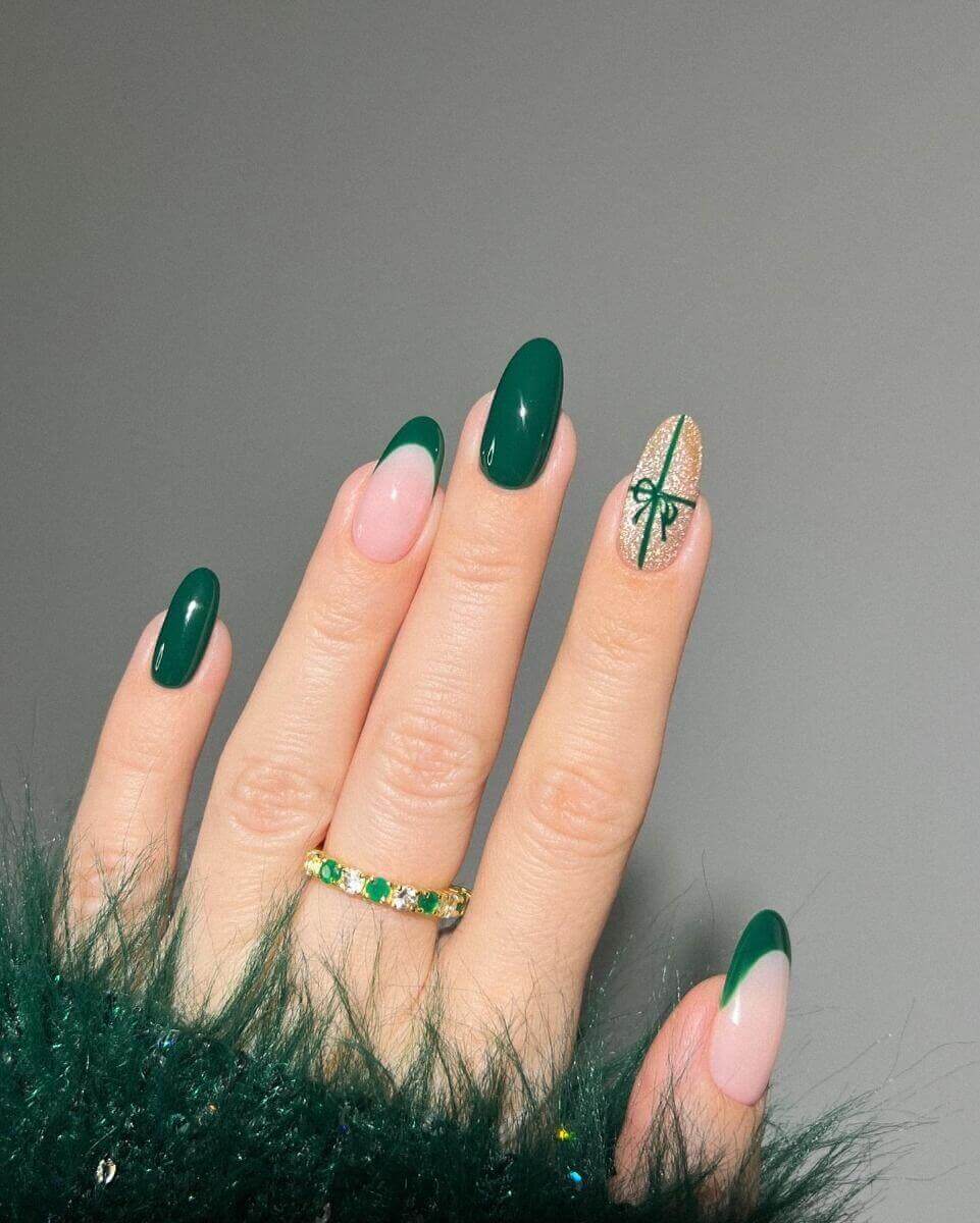 Deep Green French Tip Gold Glitter Bow Short Oval Nails — Green Christmas Nails
