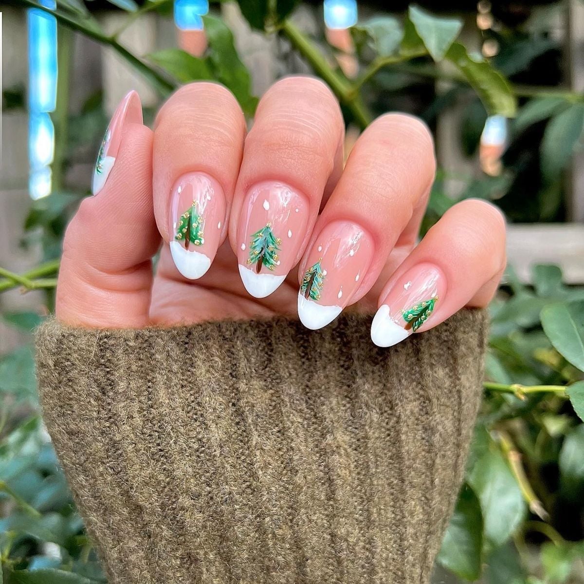 White French Tip Tiny Christmas Tree Short Almond Nails — Green Christmas Nails