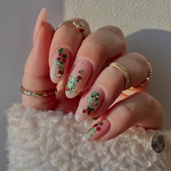 Nude Base Glitter Snow and Berry Medium Almond Nails — Green Christmas Nails