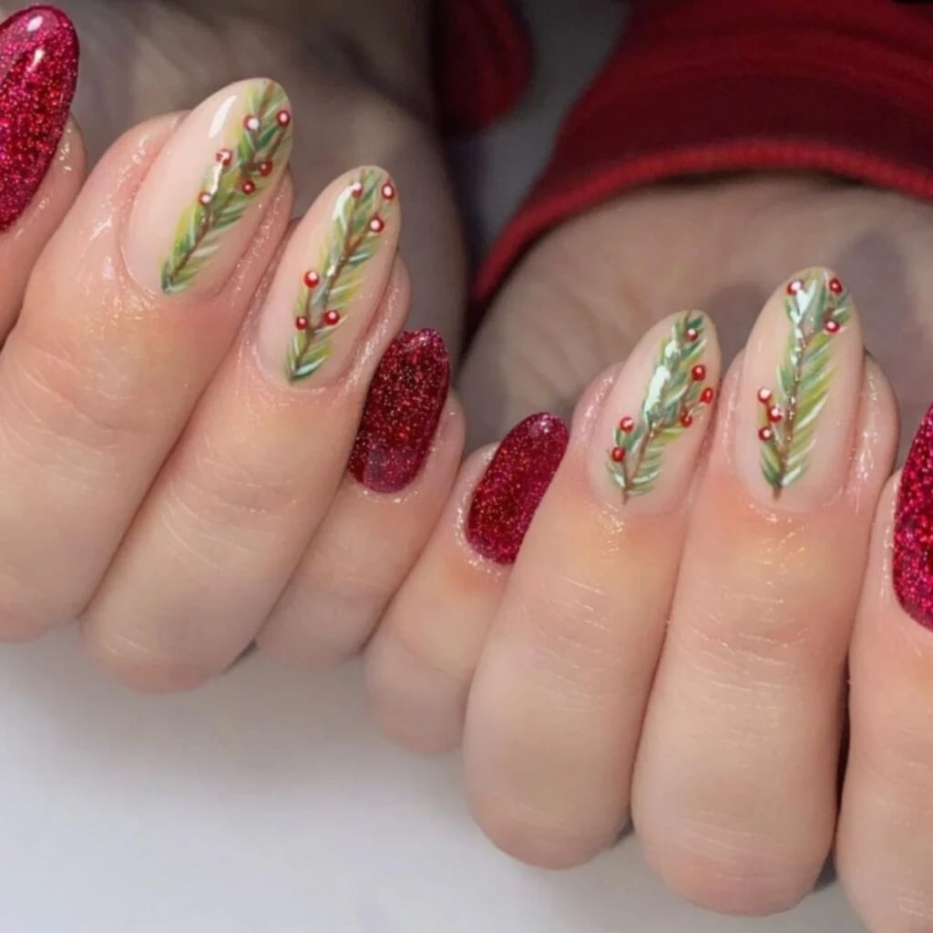Nude Green Pine Branch Red Berry Medium Oval Nails — Green Christmas Nails