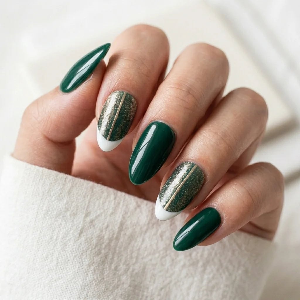 Deep Green White French Tip Gold Glitter Medium Almond Nails — Green Christmas Nails